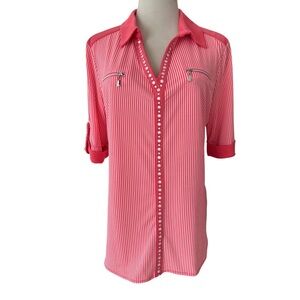 Nygard Striped Blouse Tunic Women Petite Medium Pink White 3/4 Sleeve Stretch